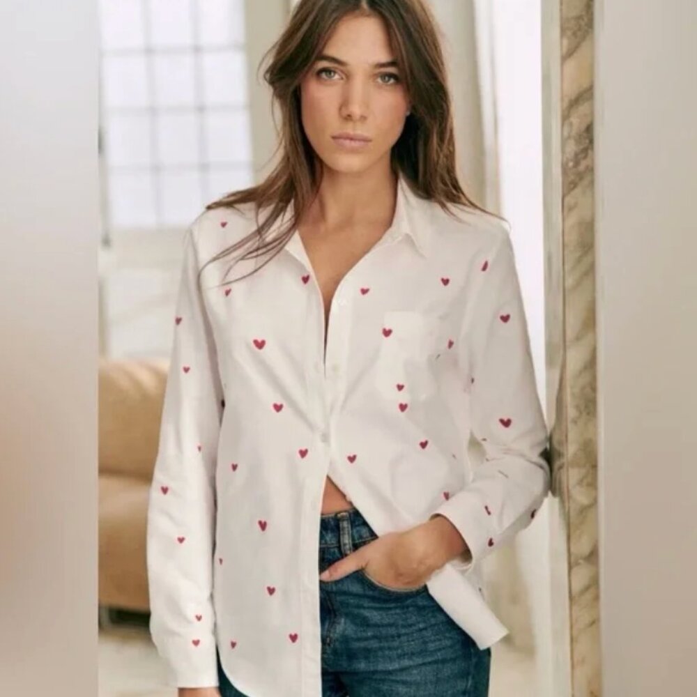 Sezane Tomboy Shirt Embroidered Red Hearts - Size 2